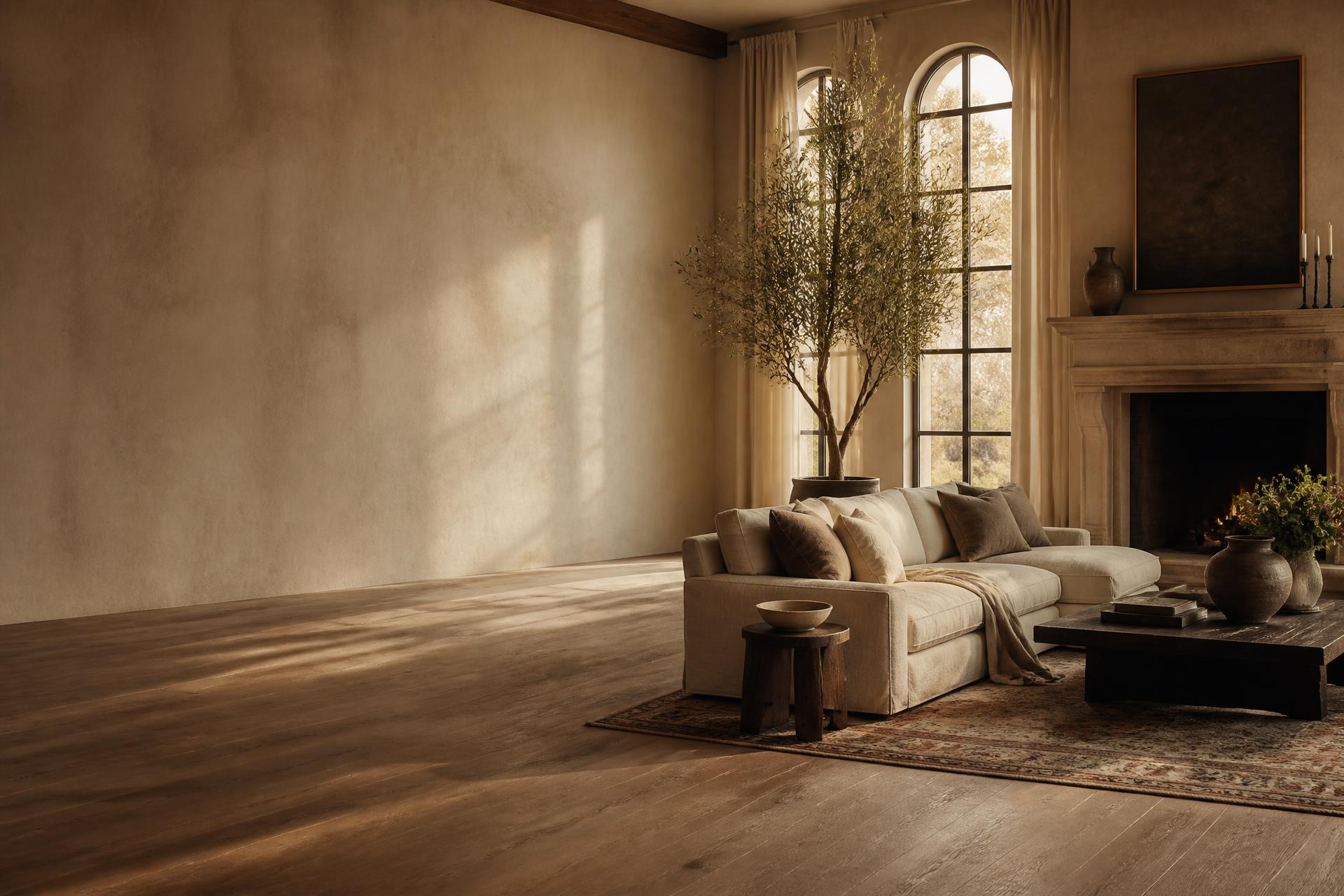 Sun-drenched living room with linen sofa and arched windows